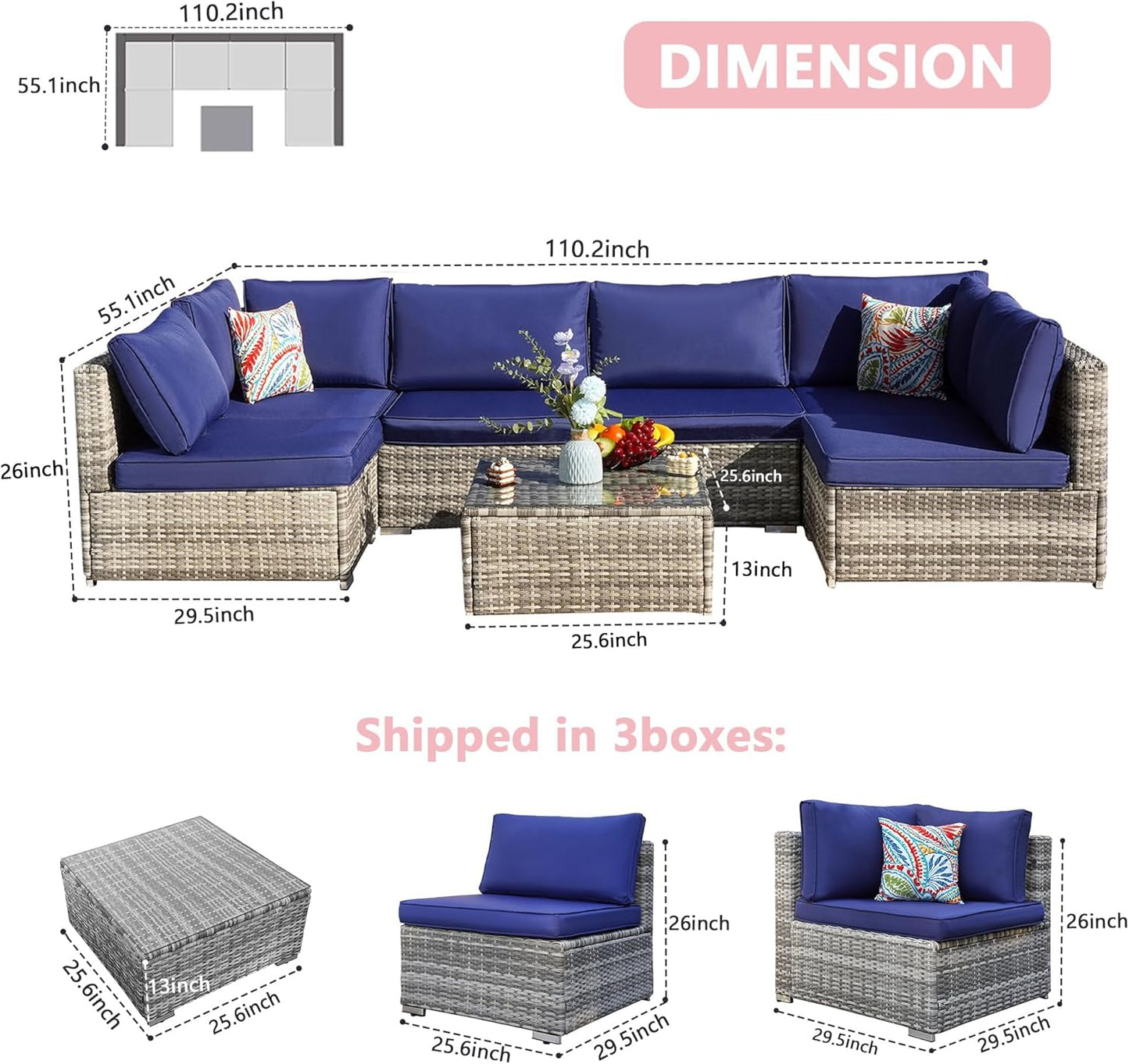 7-Piece Patio Furniture Set - Outdoor Sectional Sofa Set with Cushions and Glass-Top Coffee Table for Gardens, Poolside, Backyards and Porches, Grey/Navy Blue