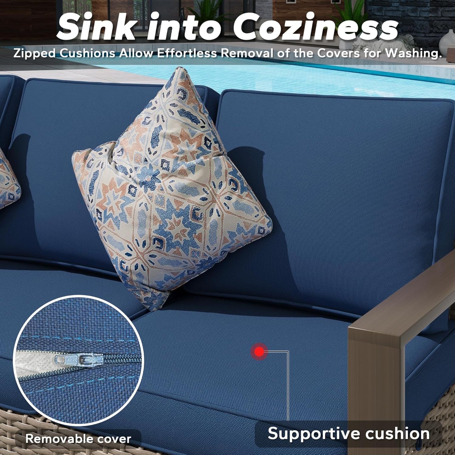 75" Patio Metal Wicker Sofa, All Weather Outdoor Rattan 3-Seat Sofa Couch with Premium Cushions & Rectangular Framed Wood-Looking Metal Armrest for Garden Backyard Porch Deck, Dark Blue