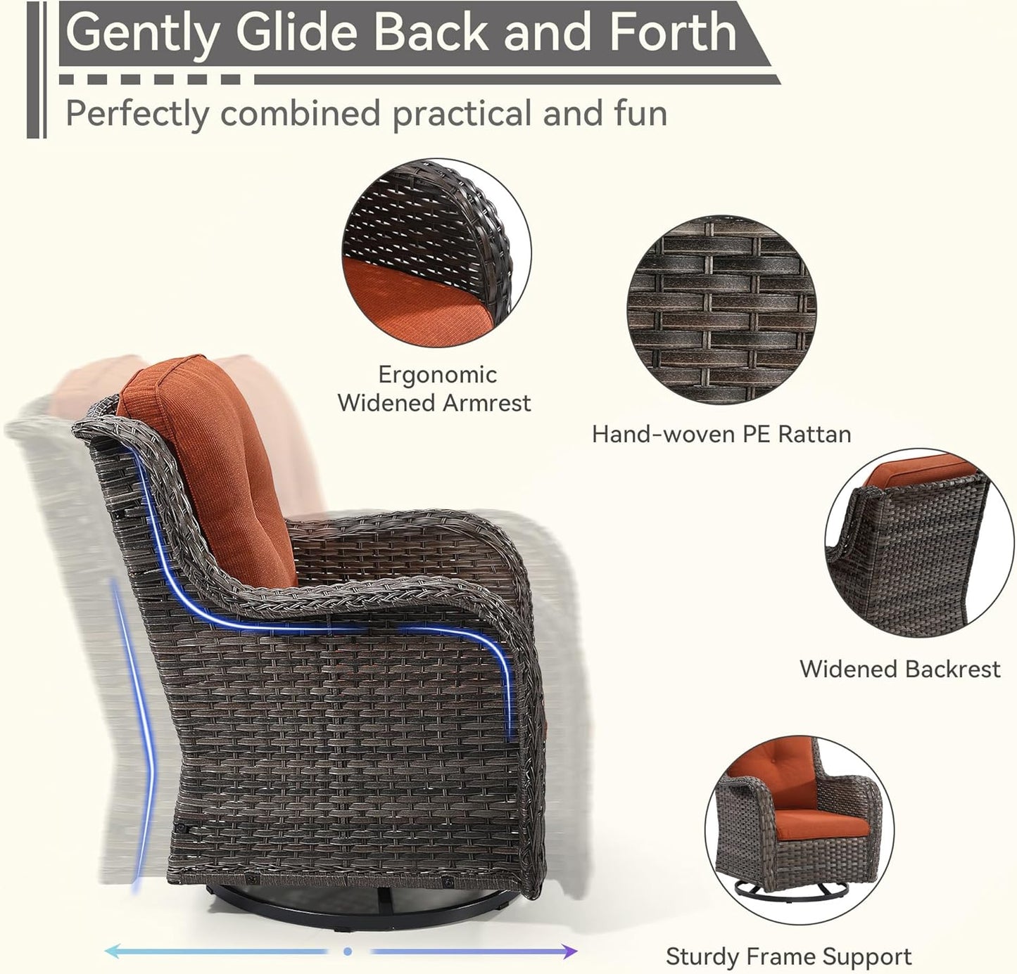 6 Pieces Outdoor Furniture Set - Patio Wicker Swivel Rocker Chair Set of 4 and 2 Side Table, Orange, Mixed Brown Rattan, Suitable for Porch, Yard