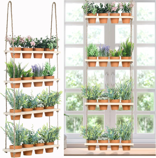 4 Tiered Window Plant Shelves Hanging Herb Planter Indoor Display with 16 Pcs Flower Pots Wood Window Plant Hanger for Grow Herbs Succulents Microgreens Seedling Organization