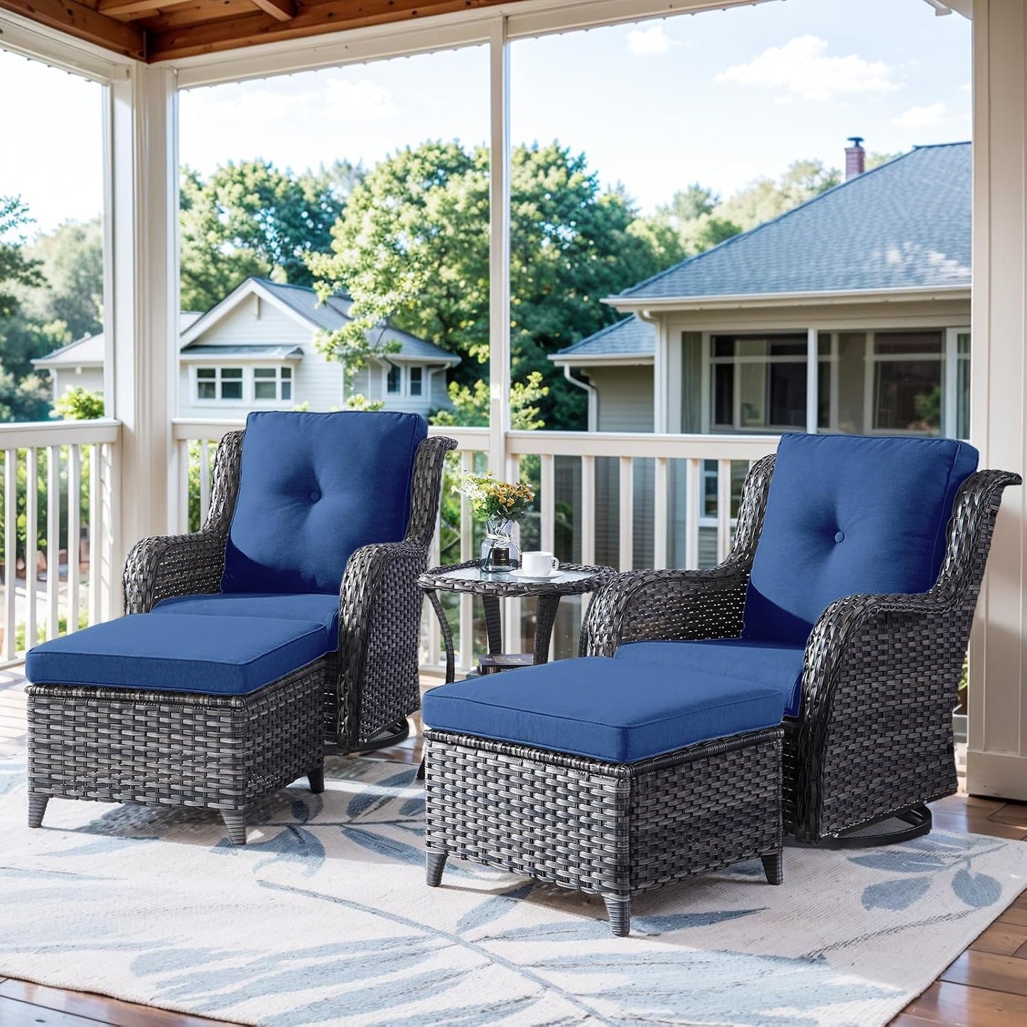 5 Pieces Patio Furniture Sets Wicker Outdoor Furniture, Rattan Patio Swivel Glider Chairs with 2 Ottoman and Glass Side Table