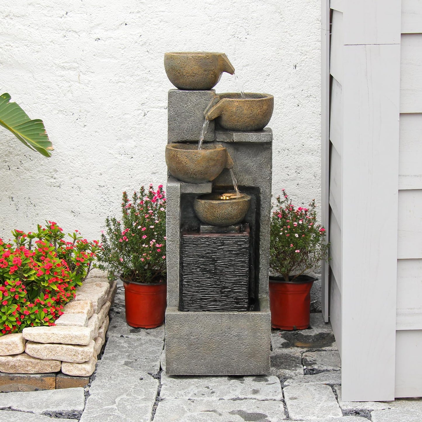 YZM 5-Tier Water Fountain Outdoor Garden Waterfall Fountains Indoor Bowl Cascading Water Feature with Led Lights for Home Deck Patio Porch Yard Decor 37.4" H