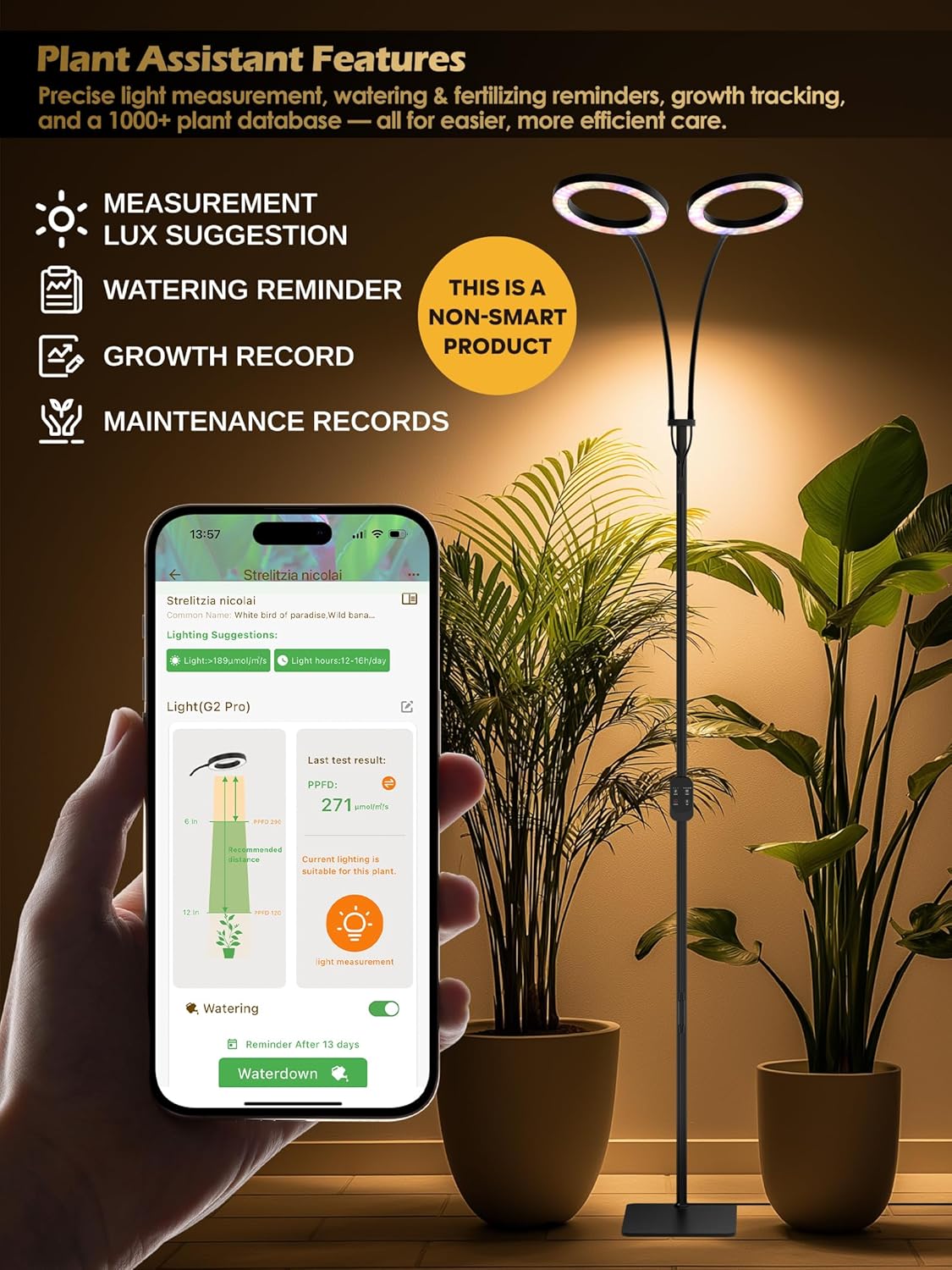 GLOWRIUM Grow Lights for Indoor Plants,Plant Light with 3/9/12/16H Grow Light Timer,2-Head 48W Full Spectrum LED Grow Light, 3 Lighting Mode and Stepless Dimming (Black, 48W)