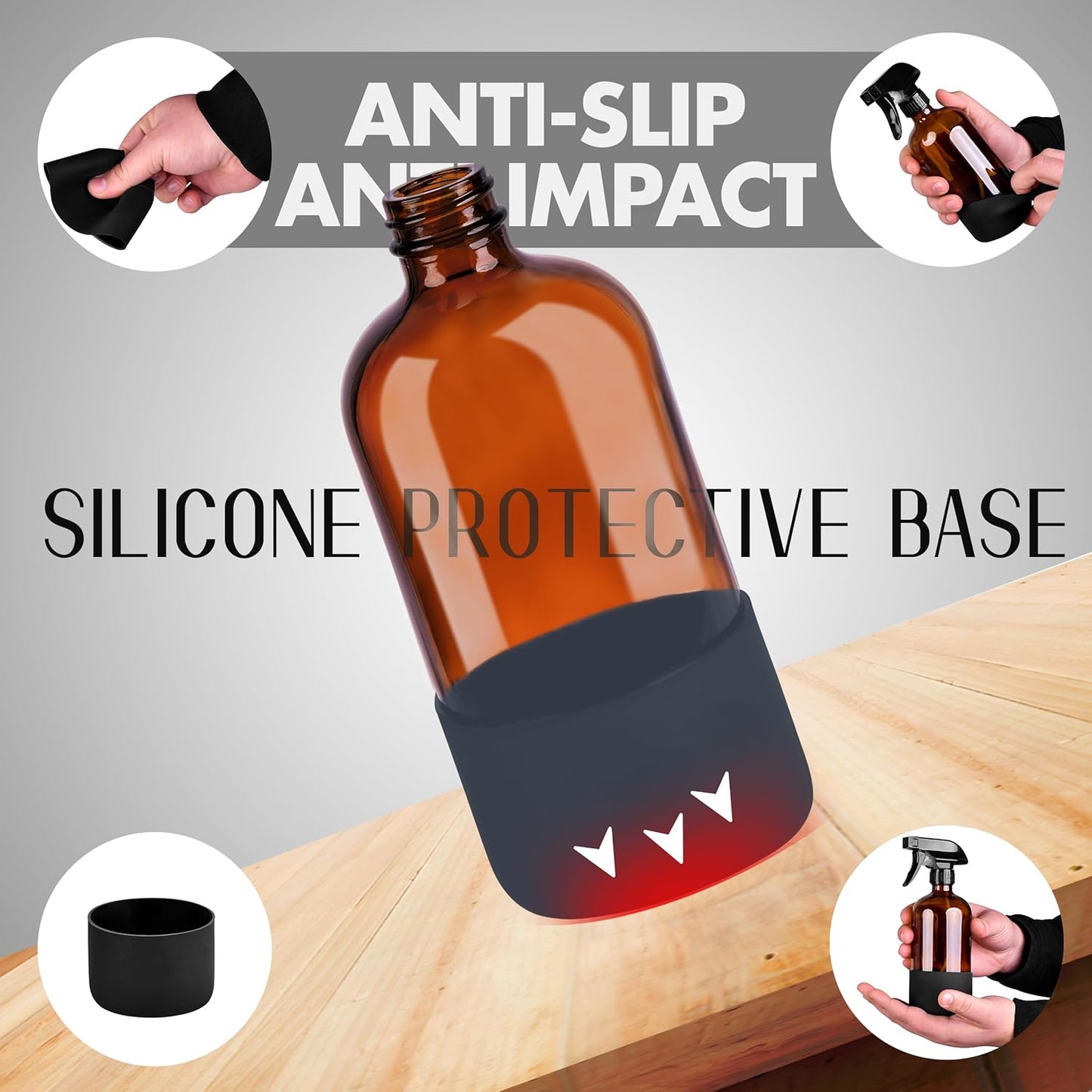 16oz Empty Glass Spray Bottle with Silicone Sleeve Protection - Refillable Containers for Cleaning Solutions, Essential Oils, Misting Plants - Including 2 Sprayers (Amber, 2 PACK)