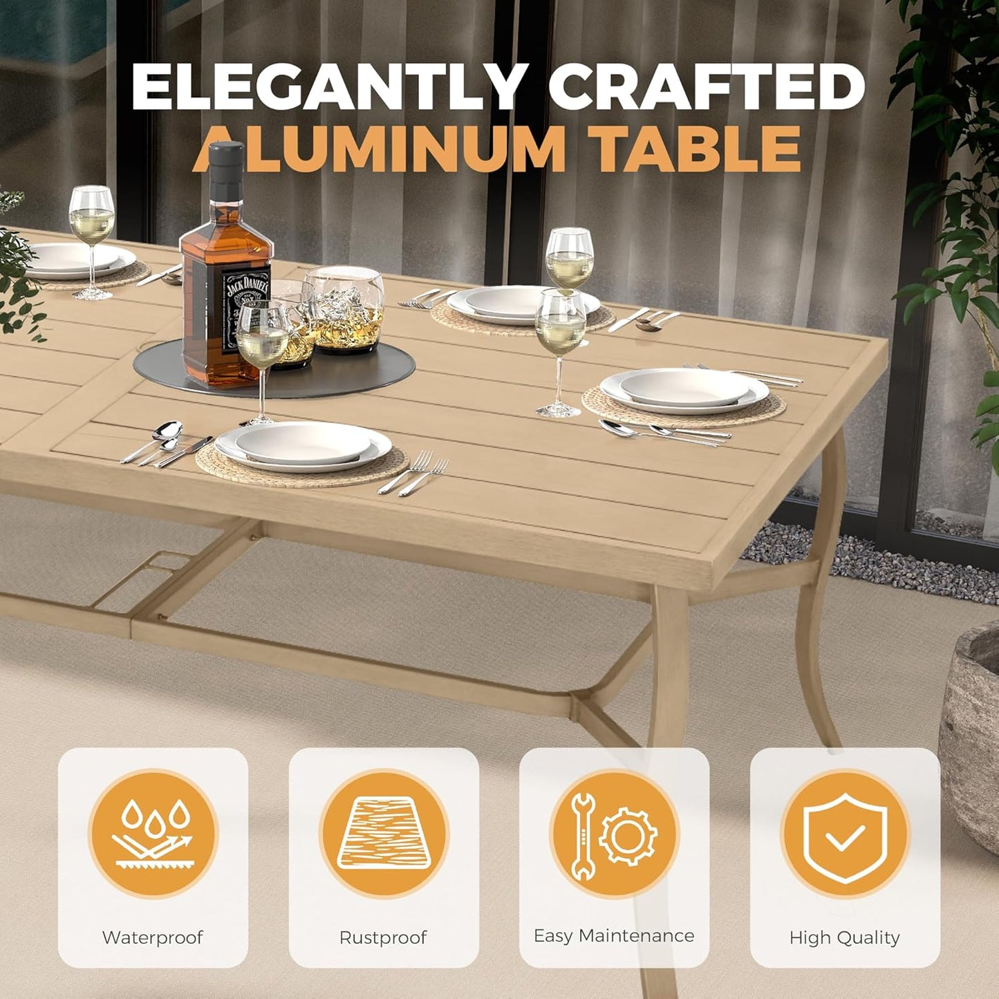 HAPPATIO Outdoor Dining Table for 8, Aluminum Rectangle Outdoor Dining Table with Umbrella Hole, All-Weather Aluminum Patio Dining Table for Garden Yard Poolside, Only Table, Beige