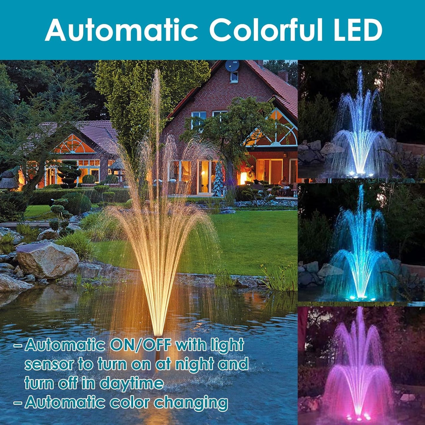 AquaMiracle All-in-1 Pond Fountain Kit 850GPH with 3-Spray Patterns Pond Filters System for Outdoor Ponds with Auto-Color LED & U - V Light to Clean Green Water Fountain Pump for 500-750 Gallon Ponds