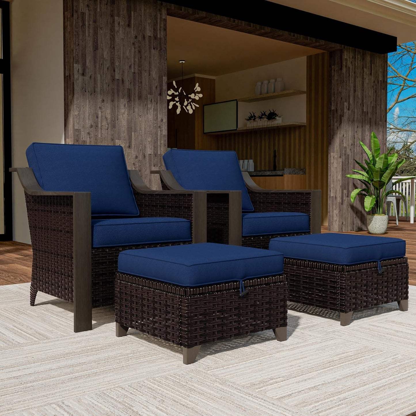 4 Piece Wicker Patio Conversation Set, All-Weather Use Outdoor 2 PE Rattan Chair, 2 Ottoman, Removable Water-Resistant Cushion, Ideal for Porch, Backyard, Balcony, Poolside, Blue