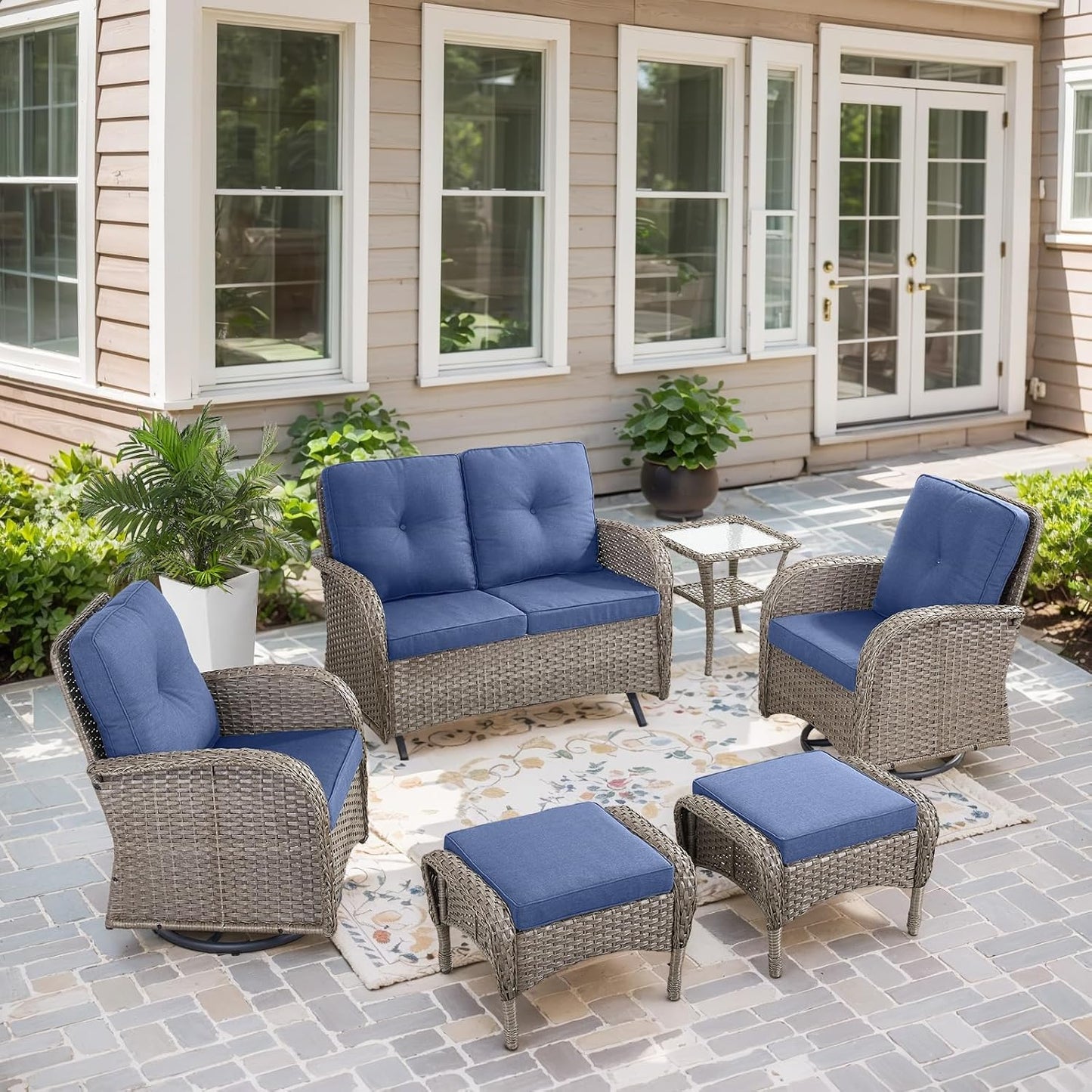 6 Pieces Wicker Patio Conversation Sets with Outdoor Swivel Rocker Chairs and Loveseat Glider Chair, All-Weather Rattan Furniture Set for Patio Deck Sunroom Backyard