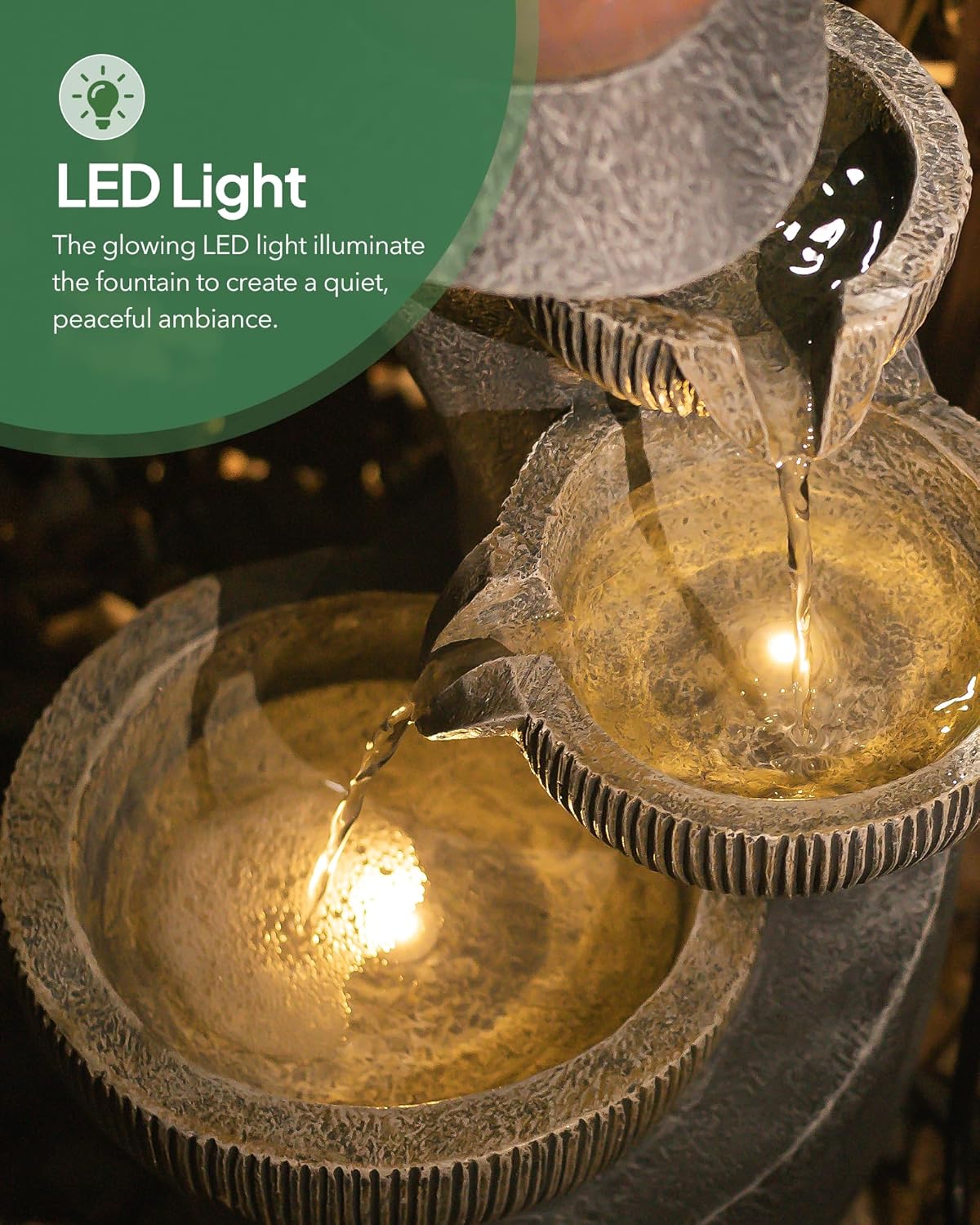 20" H Outdoor Water Fountain, Modern Outdoor Garden Fountains with LED Lighted for Garden, Patio, Deck, Backyard and Home Art Decor