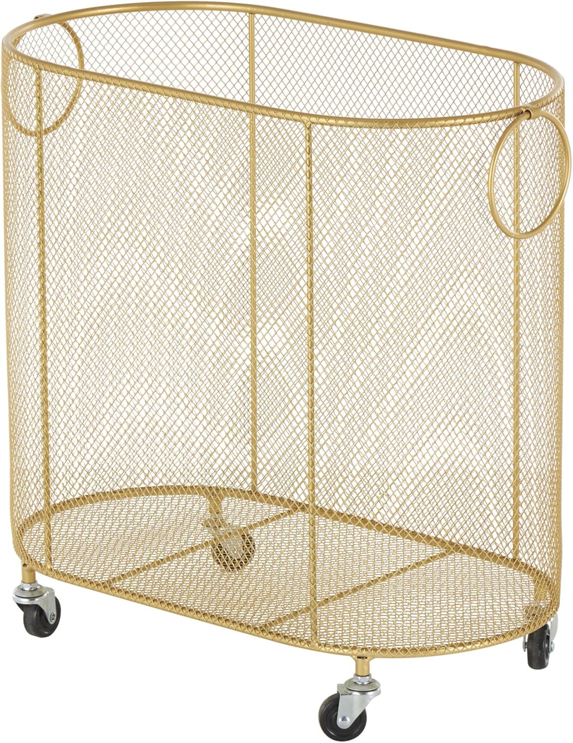 Deco 79 Metal Storage Cart Oval Mesh Wire Rolling Laundry with Ring Handles, 21" x 12" x 21", Gold