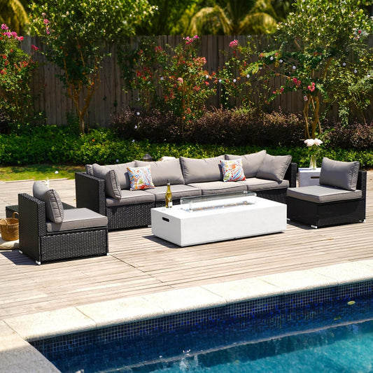 8 Piece Patio Furniture Set - Outdoor Conversation Sets with 56" Fire Table and Coffee Table, Rattan Modular Sofa Set for Garden/Poolside, Grey/Black