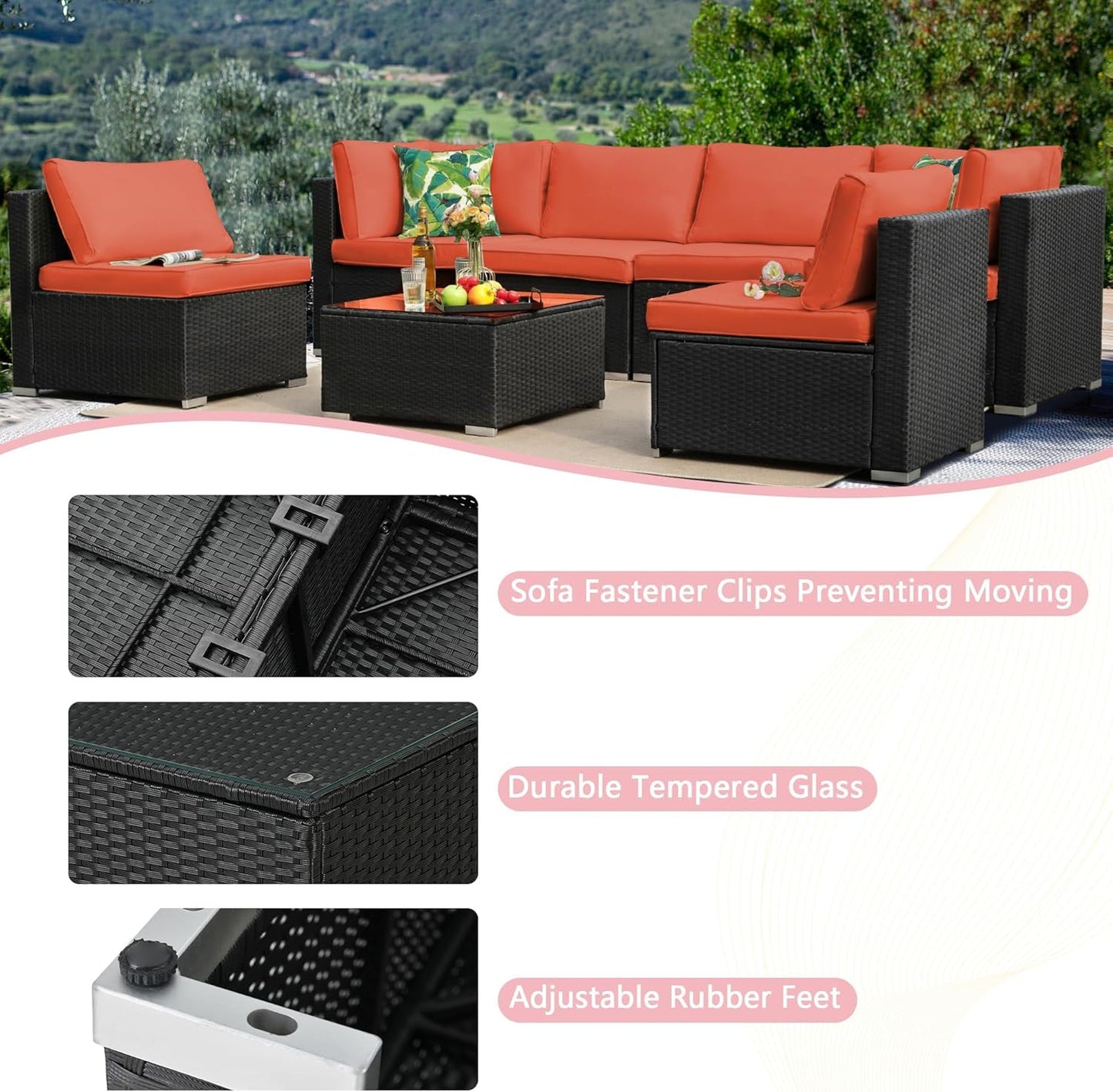 7-Piece Patio Furniture Set - Outdoor Sectional Sofa Set with Cushions and Glass-Top Coffee Table for Gardens, Poolside, Backyards and Porches, Black/Orange