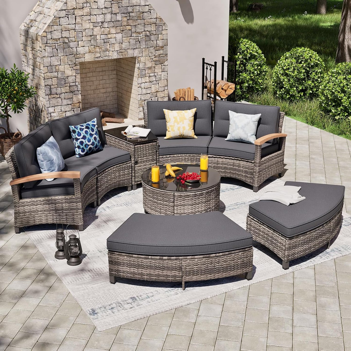 8 Piece Outdoor Patio Furniture Set, Half-Moon Curved Sectional Set with Wood Armrests, Patio Conversation Set, 2 Half-Moon Ottomans，Coffee & Side Tables (Grey)