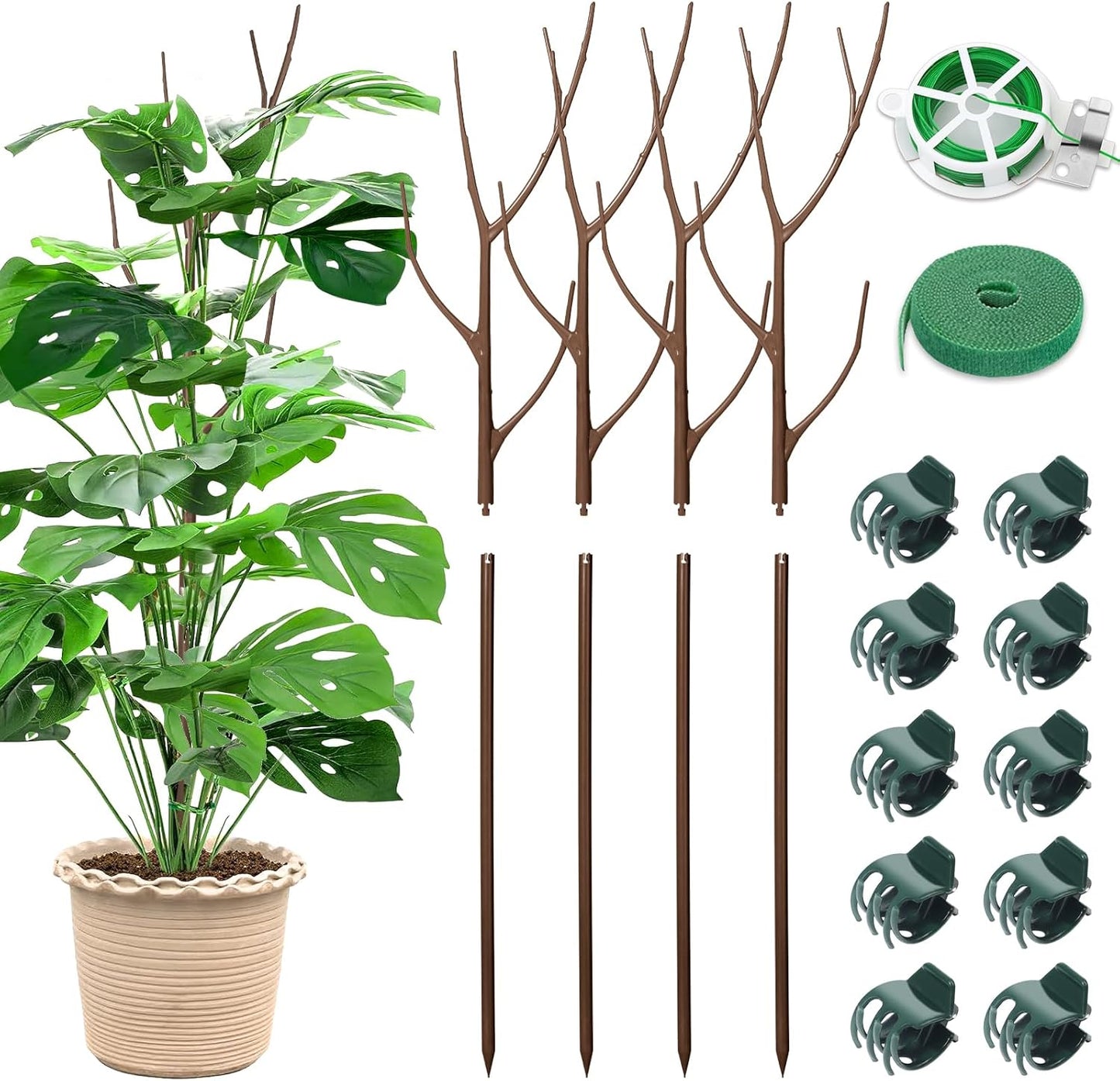 4 Pack 27.56" Detachable Twig Plant Support Stakes Set, Blends in to Plant, Branch Plant Sticks with Orchid Clips Twist Plant Ties, Twig Trellis for Indoor Outdoor Plants Potted Plants Flower