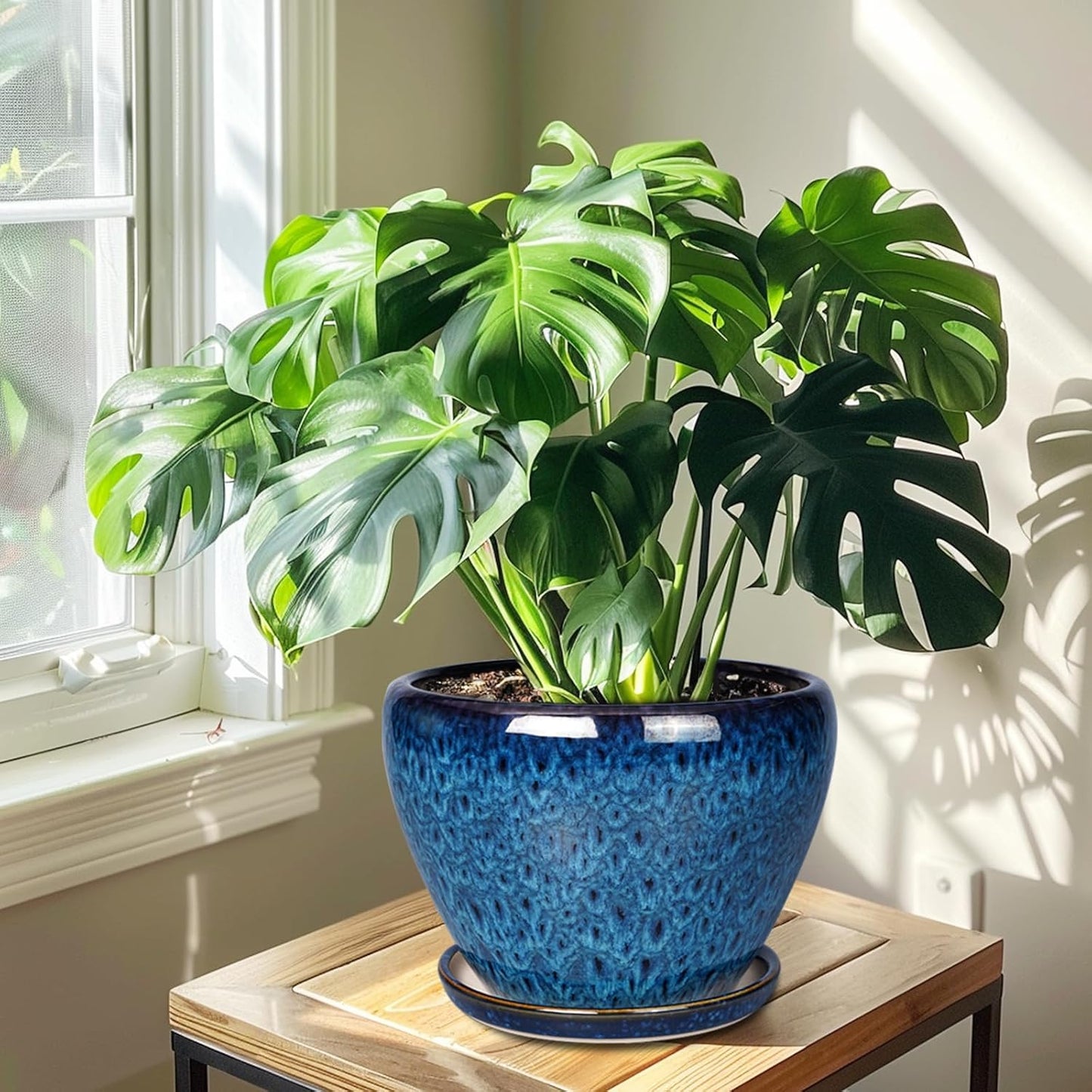 10 Inch Ceramic Planter Pot, Ceramic Plant Pot for Indoor Outdoor Plants, Large Flower Pot with Drainage Hole and Saucer, Blue