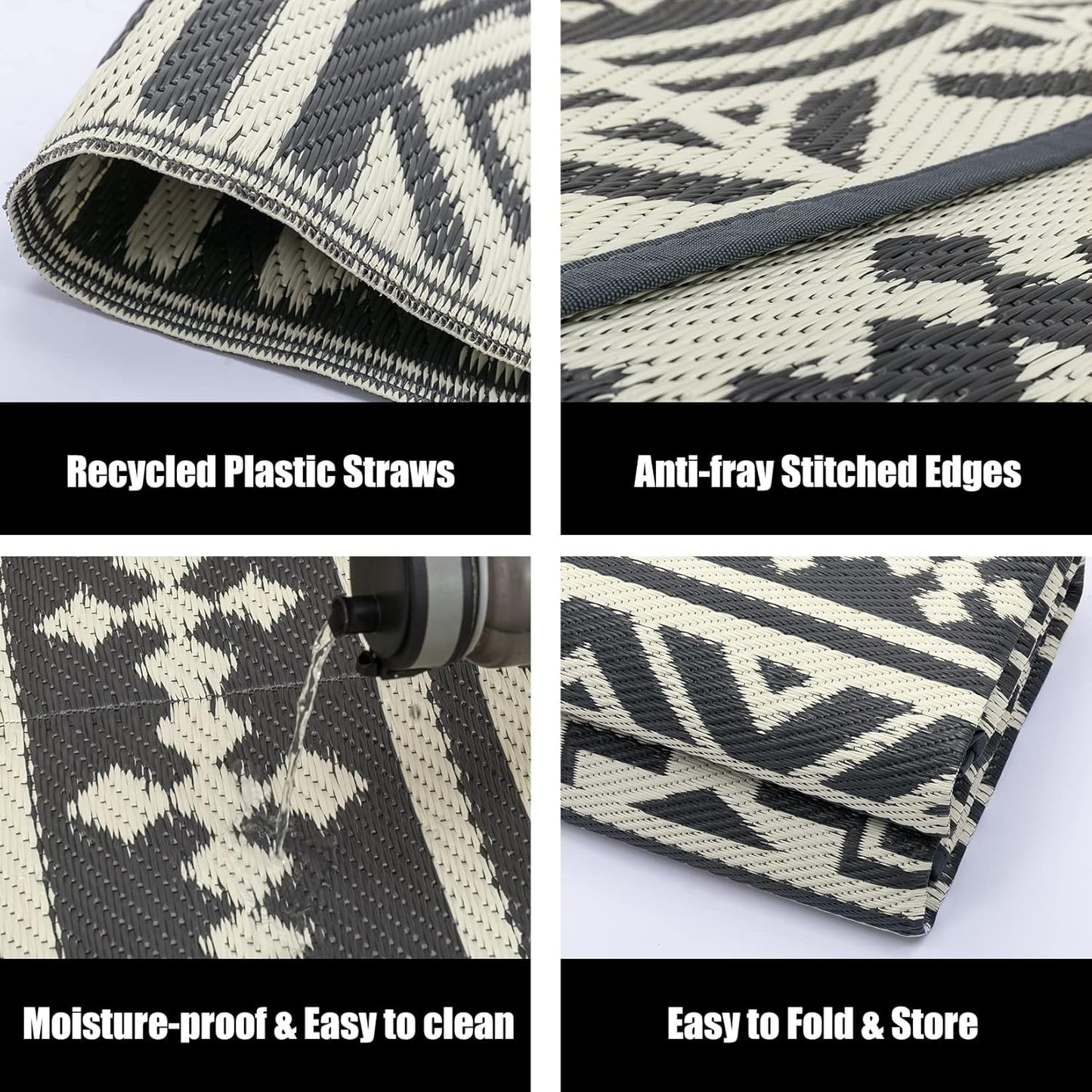 RV Waterproof Mat Outdoor Rugs 9'x12' for Patios Clearance Carpet Camping, Large Plastic Straw (9x12ft Geometric Boho Grey&White)