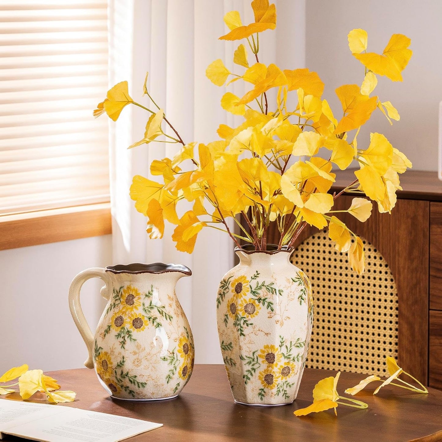 Hand-Painted Sunflower Vintage Ceramic Octagonal Vase, Green Yellow Beige Flower Vases for Bouquet, Fireplace Mantle, Table Centerpieces, Bookshelf, Office, Chinoiserie Floral Home Decorations 9.1 in