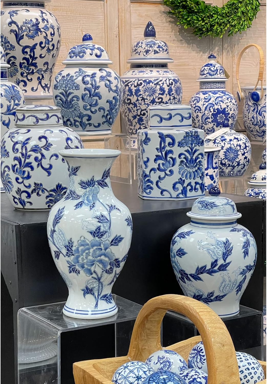 Galt International Blue and White Floral Chinoiserie Ceramic Vase 14" - Hand Painted Antique Style Porcelain Flower Bottle Fishtail Porcelain Chinese Vase for Home Decor Centerpiece