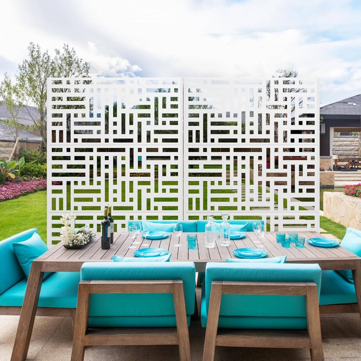 Metal Privacy Screen Outdoor 72" H×47" W,Freestanding Decorative Privacy Screen for Balcony Yard&Garden,Privacy Fence-White&Street