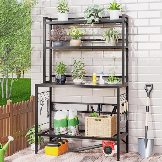 63” Metal Potting Bench&Table with Metal Tabletop, 4-Tier Plant Shelves, 8 Side Hooks, Outdoor/Indoor Gardening Workstation and Plant Stand, Black