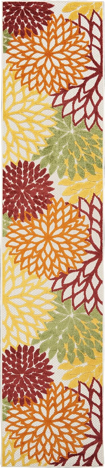 Nourison Aloha Indoor/Outdoor Red Multi Colored 2'3" x 12' Area Rug, Tropical, Botanical, Easy Cleaning, Non Shedding, Bed Room, Living Room, Dining Room, Deck, Backyard, Patio (2x12)