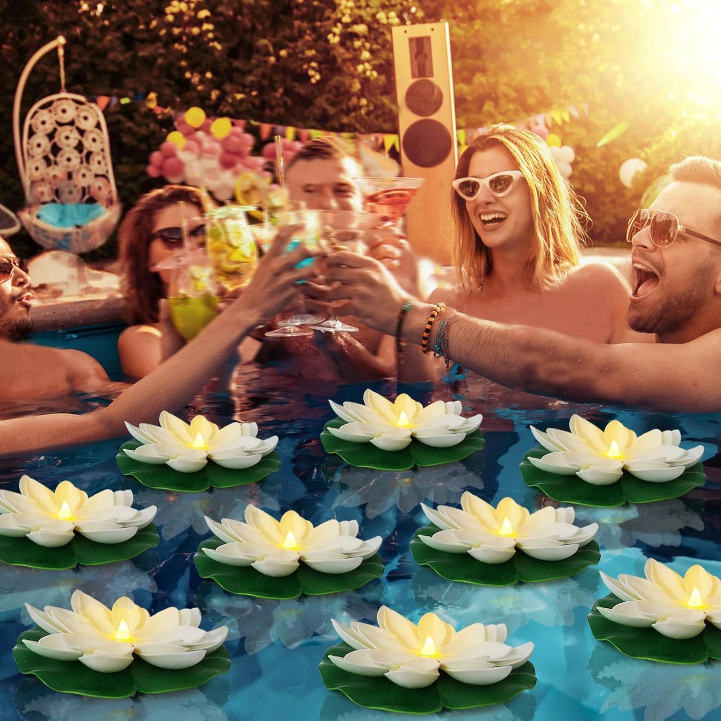 12 PCS Waterproof Floating Lotus Light - Floating Flower Light Battery Operated Water Activated Warm White Pool Flower Lamp Wedding,Anniversary,Garden Decoration