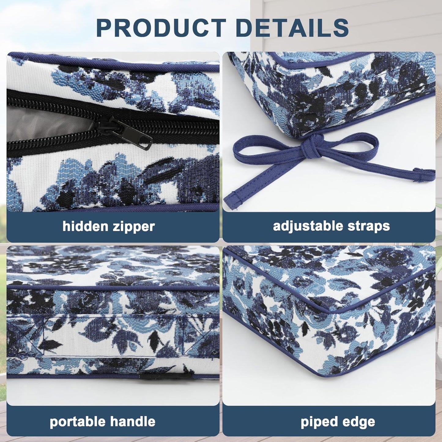 Favoyard Outdoor Chair Cushion 22 x 22 x 3 In Waterproof Pattern Fade Resistant Cushions for Patio Furniture with Removable Cover Attach Straps 28D Foam Insert Cushions Pads for Seat Sofa Couch 2 Pack