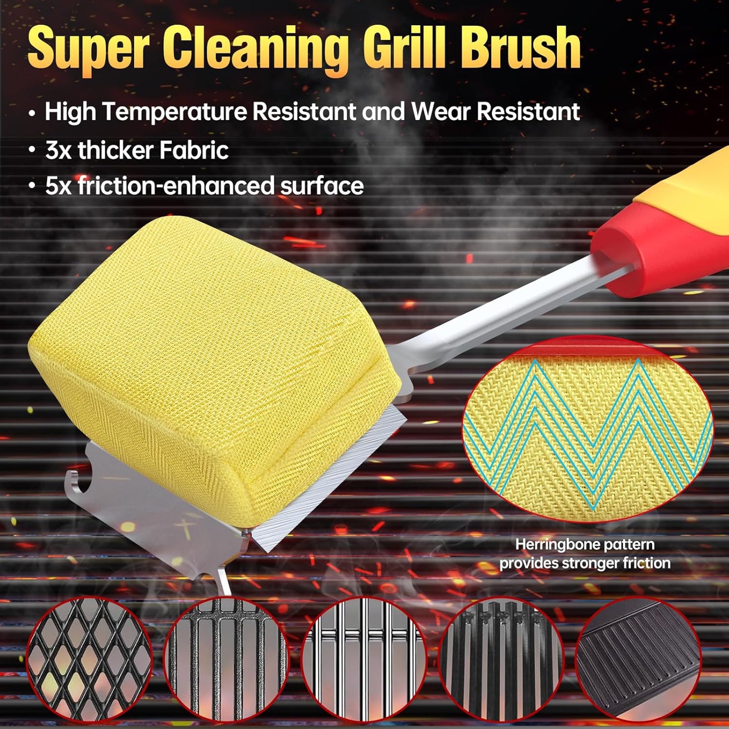 Grill Brush Bristle Free for Outdoor Grill, Steam Grill Cleaning Brush Replaceable BBQ Cleaner Brush Head,Extended Handle, Safe Grill Brush with Scraper for Cast Iron Stainless-Steel Grates, Red