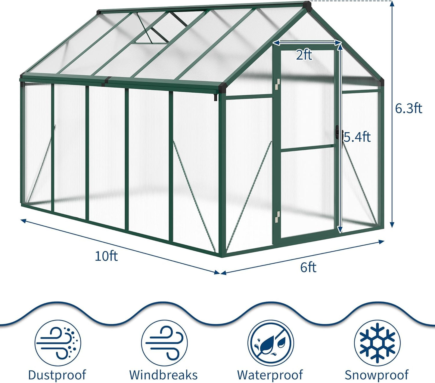 6 x 10 FT Greenhouse, Greenhouses for Outside, Polycarbonate Greenhouse with Aluminum Frame, Lockable Door and Ajustable Roof Vent for Backyard, Green Houses for Outside Garden Backyard, Patio
