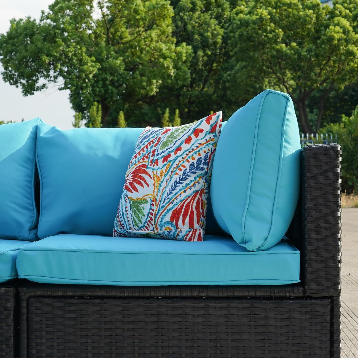 7 Piece Patio Furniture Set, Outdoor Couch Set—All-Weather Outdoor Furniture Sectional w Water Resistant Thick Cushions, Patio Sofa Set w 2 Extra Pillows and Coffee Table, Turquoise/Black