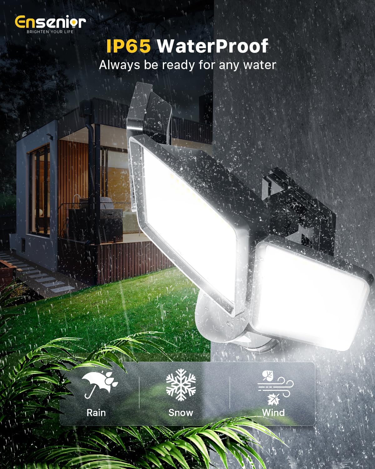 Ensenior 5 Motion Sensor Modes Solar Security Light, 1800LM 270° Wide Angle 3 Heads LED Flood Lights, IP65 Waterproof Wall Lights, Separate Solar Panel Remote Control Solar Lights Outdoor