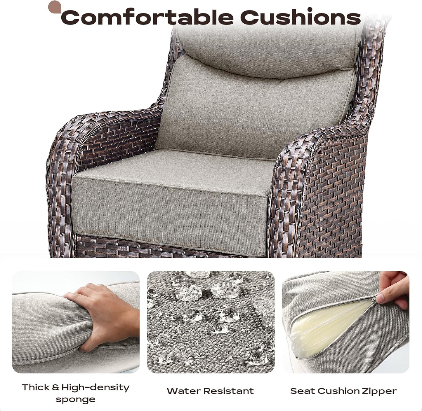 4 Piece Outdoor Patio Swivel Rocker Chairs, Waterproof Wicker, High Back, Deep Seating, Wide Armrest, Upgraded 6 inch Thick Cushions, Ideal for Deck Porch Backyard, Brown/Beige