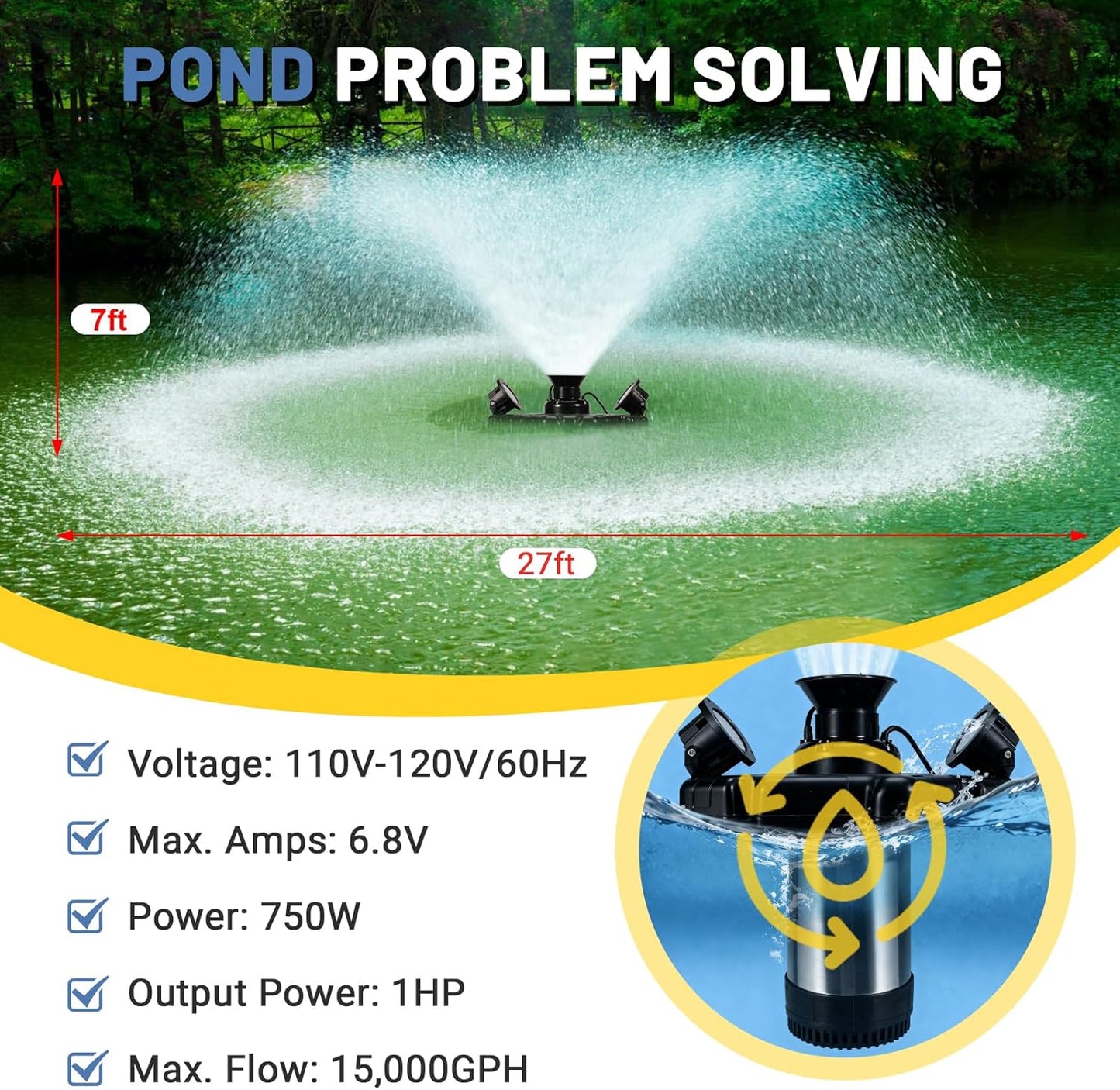 Pond Fountain Aerator with 2-Lights, 1HP 750W Dual Lights RGB LED Remote Control Floating Water Pump - Fit for Large Small Outdoor Ponds Lakes - 100 FT Power Cord 15000 GPH 110V-120V