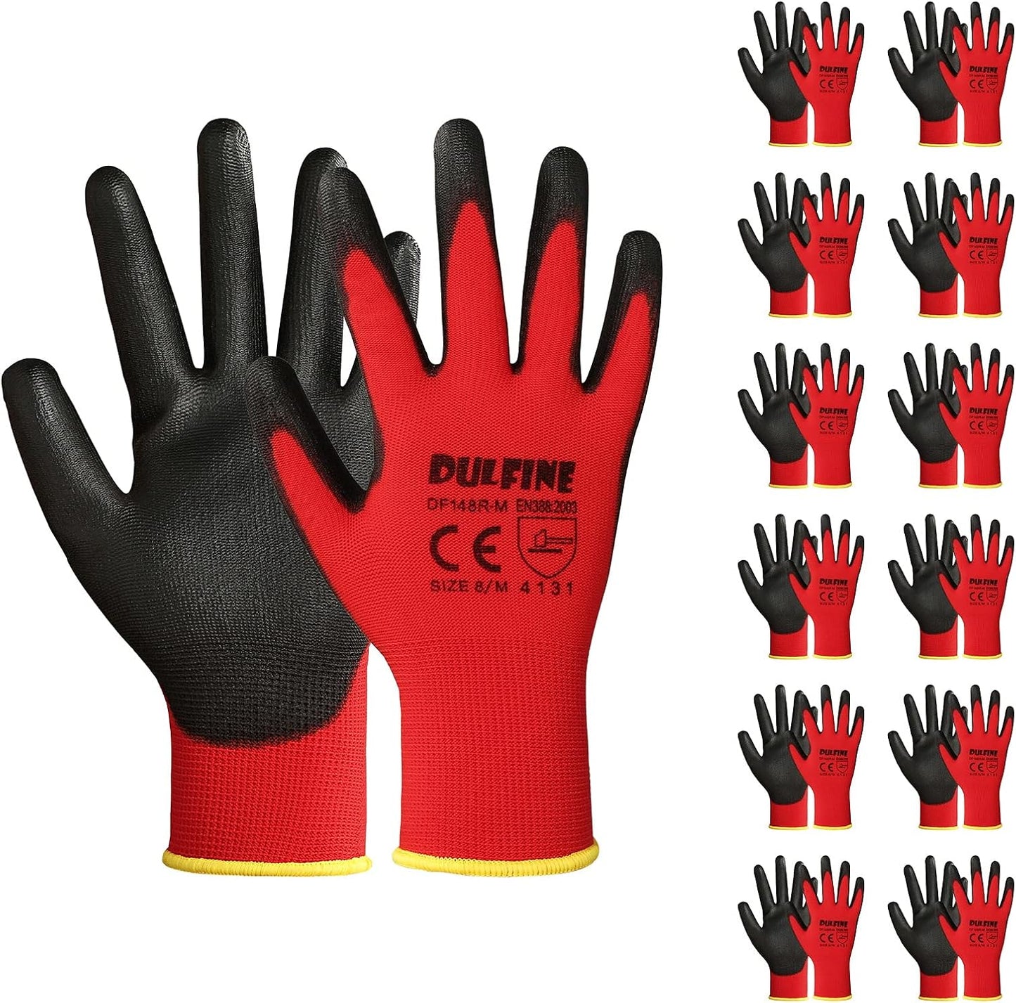 DULFINE Safety Work Gloves PU Coated-12 Pairs,Red Seamless Knit Glove with Polyurethane Coated Smooth Grip on Palm & Fingers, for Men and Women, Ideal for General Duty Work (Medium)