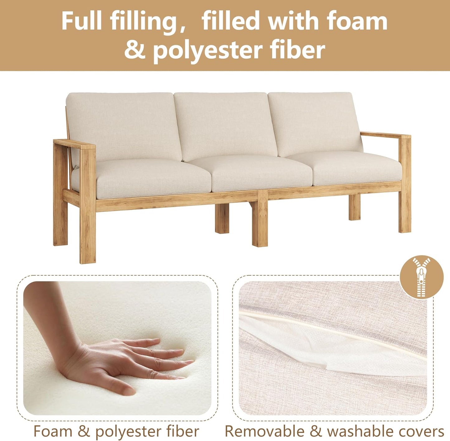 Acacia Wood Sectional Patio Furniture Set, Outdoor 3 Pieces Conversation Set with Acacia Wood Coffee Table for Backyard Porch Garden Balcony