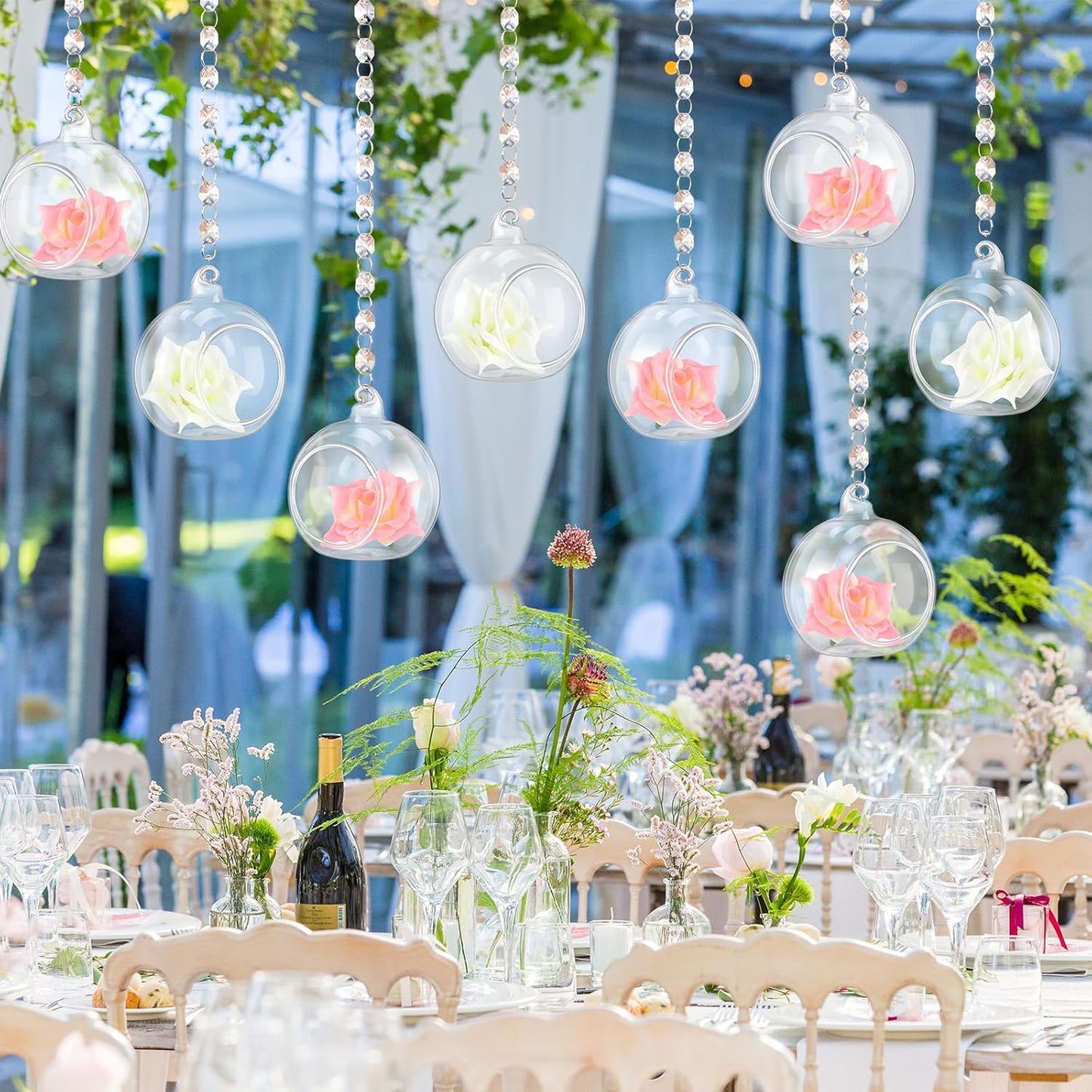 24 Sets Hanging Glass Candle Holder Wedding Glass Globe with Acrylic Gems Bead Garland Tea Light Holder Orbs Container for Flower Plants Micro Landscape DIY Xmas Tree Party Decoration 2.36 Inch