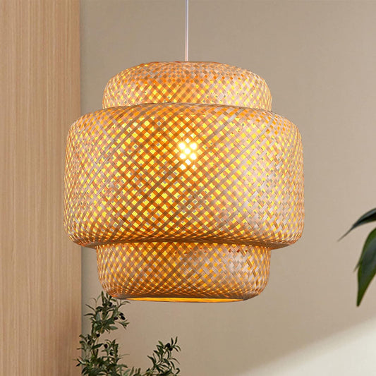 Bamboo Pendant Light - Boho Basket Chandelier Handmade Woven Pendant Light, Natural Wicker Rattan Hanging Chandelier for Kitchen Island Dining Room Living Room Porch