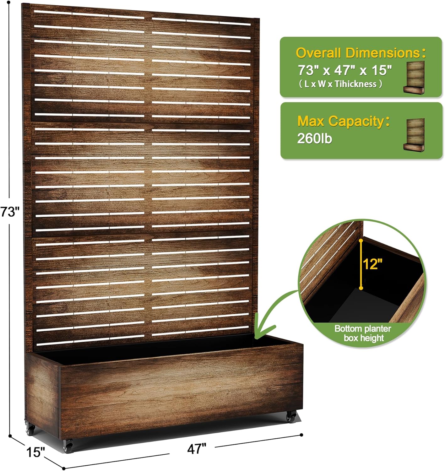 FENCY Metal Raised Garden Bed with Wheels and Trellis,73"x47"x16" Planter Box for Climbing Plants, Vegetables & Vines, Features Privacy Screen and Drainage Holes (Vintage Wood Color)