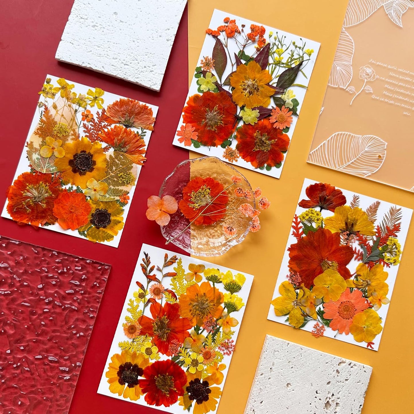 90Pcs Fall Pressed Dried Flowers for Resin, Real Assorted Autumn Natural Bulk Orange Dry Floral Leaves for DIY Art Crafts, Epoxy Molds, Jewelry, Soap, Candle Making