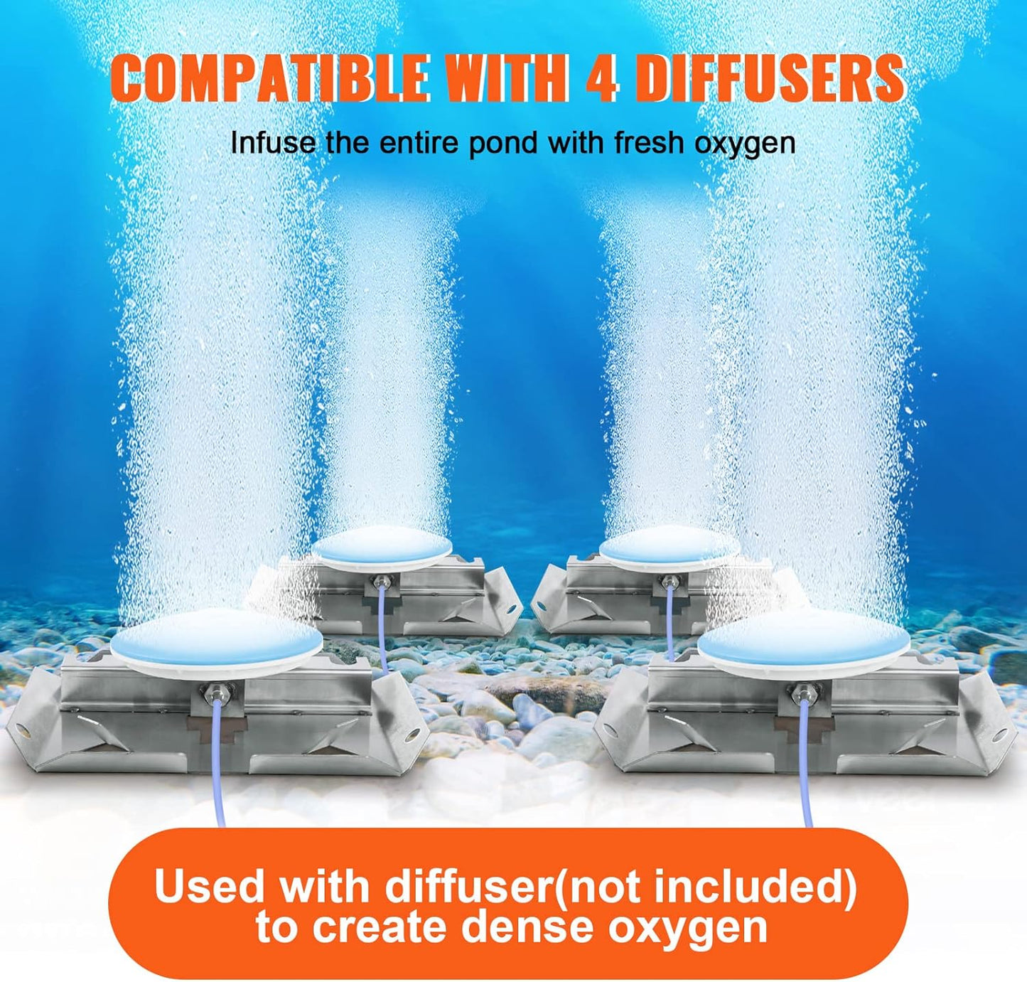 VEVOR Pond Aerator, 550W Power, 5.2CFM for Up to 3 Acre 50' Lake, Includes 3/4 HP Compressor & Timer & Valves, Air Compressor for Deep Water Oxygen Circulation, for Outdoor Ponds or Lakes