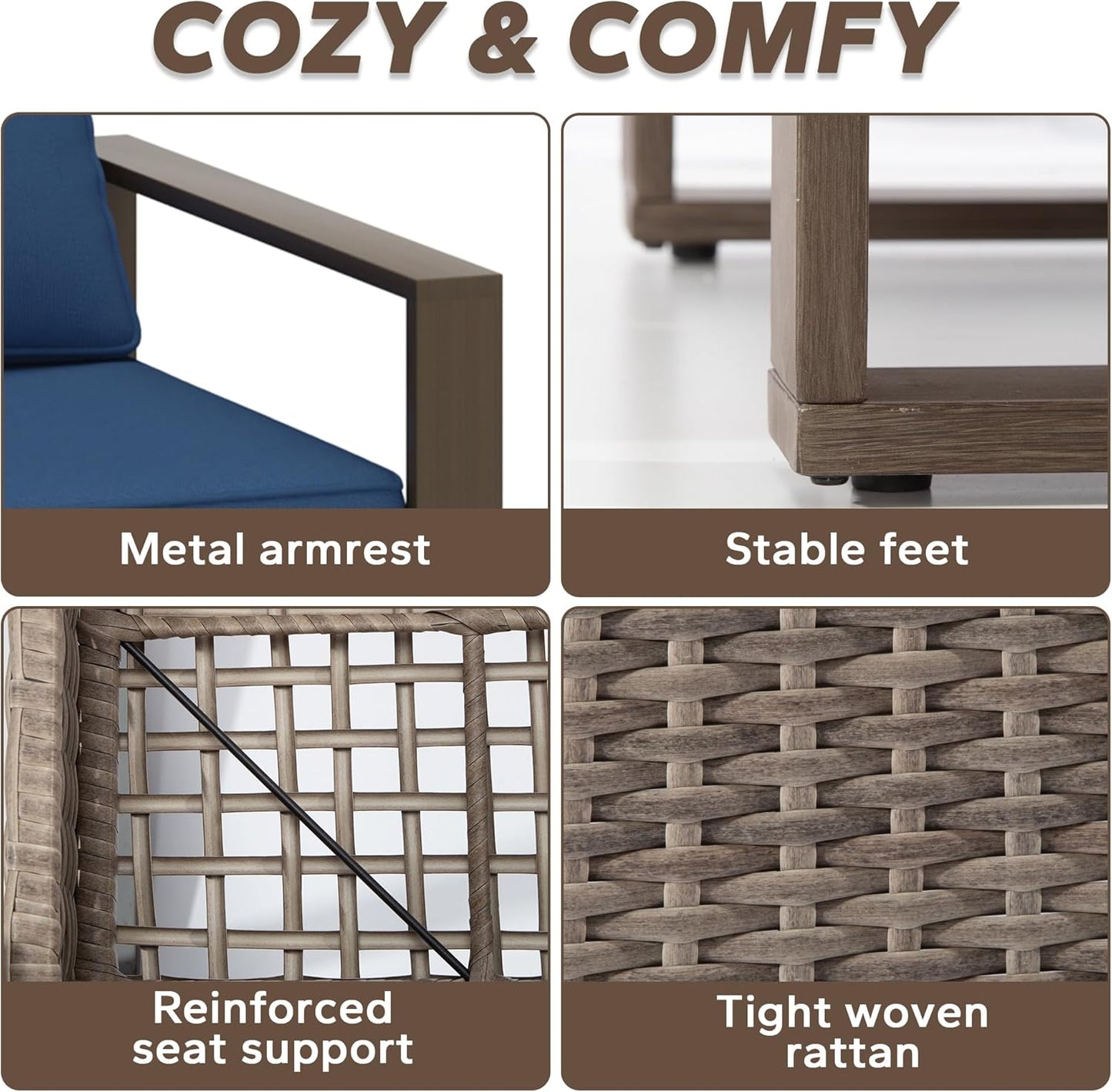 5 Pieces Metal Wicker Patio Furniture Set with 75" Sofa, Two Swivel Chairs and Two Ottomans, All Weather Rattan Outdoor Conversation Furniture with Washable Cushions for Porch, Dark Blue