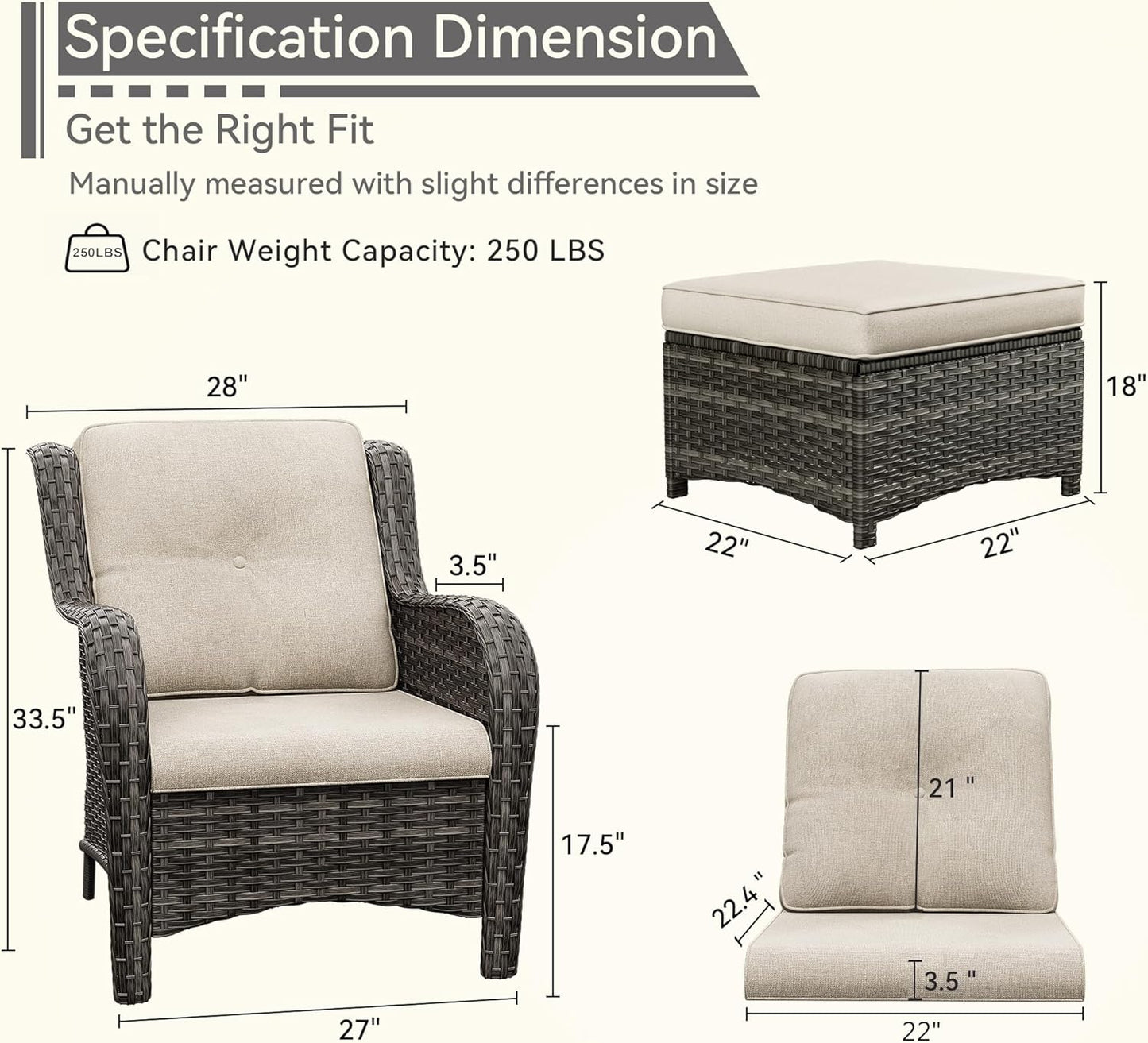 4 Pieces Patio Conversation Set, Wicker Chairs Set of 2 and Two Ottomans with 3.5-inch Seat Cushions, High Back and Curved Armrest for Backyard, Balcony and Deck, Beige