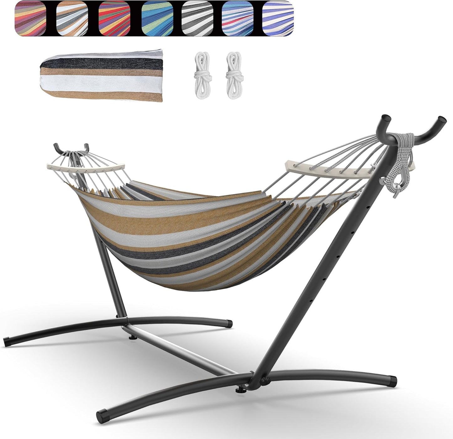 Double Hammock with Space-Saving Steel Stand, 2 Person Heavy-Duty Hammock for Garden, Yard or Outdoor, 600lbs Capacity, Coffee