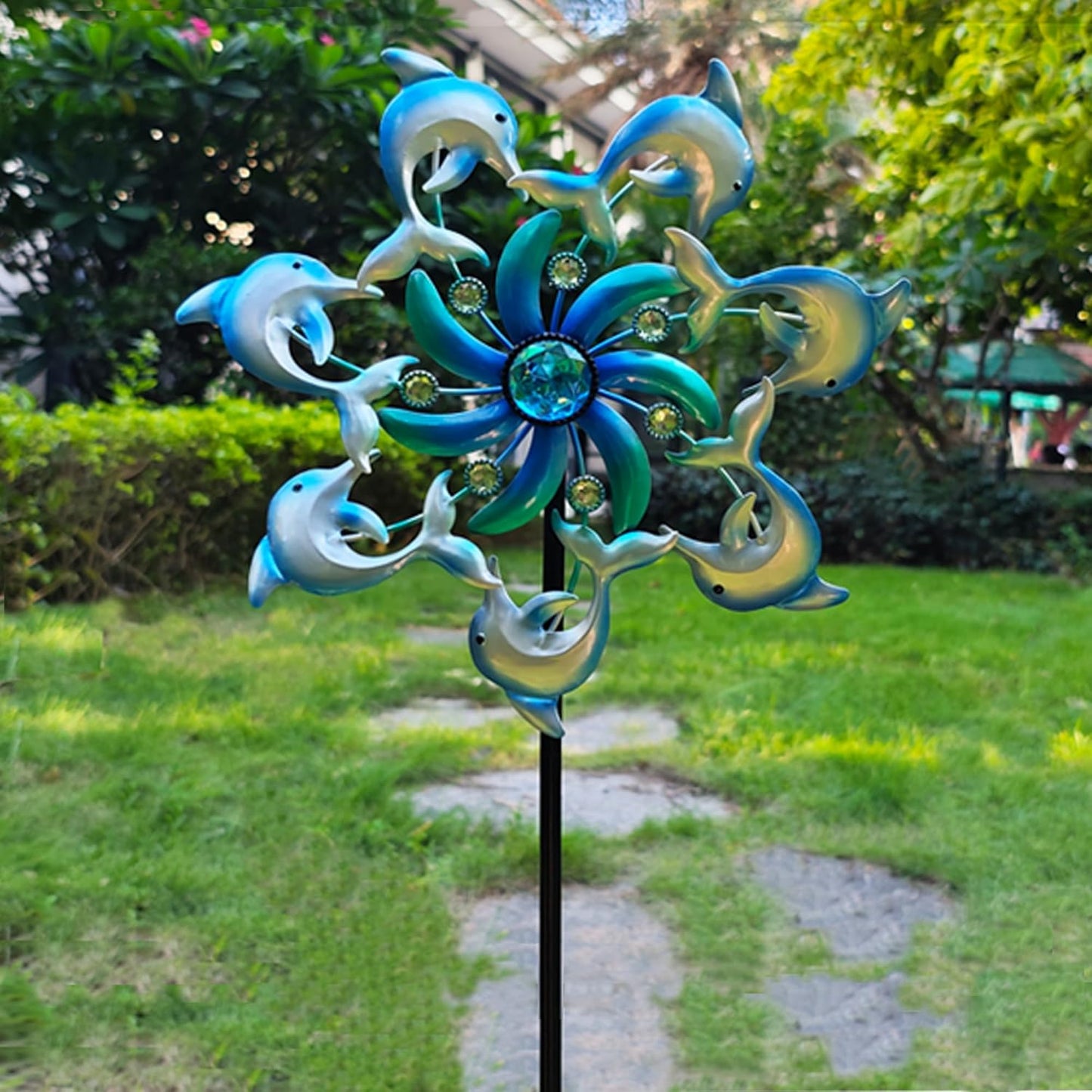 39" Dolphin Wind Spinners Metal Windmill Garden Stake,Ocean Theme Outdoor Wind Spinner,Wind Sculptures Yard Art Decorations for Patio,Lawn & Garden Decor