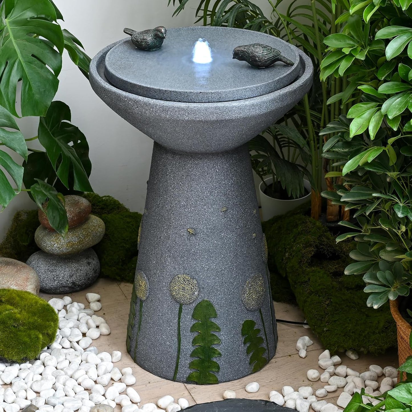 30.7" Outdoor Garden Floor-Standing Water Fountain with LED Light and Pump, Two Birds Embossed Pattern Pedestal Ceramic Watefall for Patio, Backyard, Deck, Porch and Home Art Decor