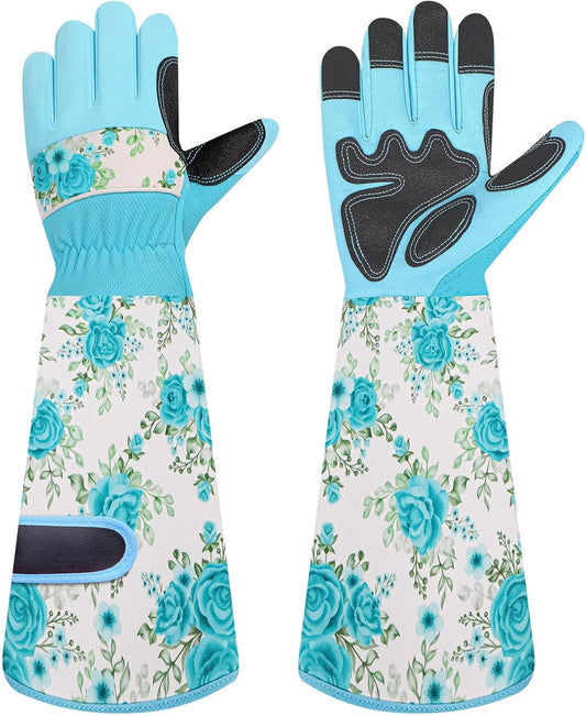 DLY Gardening Gloves for Women, Rose Gloves Gardening Thorn Proof, Long Garden Gloves for Women, Breathable & Durable Leather Gauntlet(Medium, Light Blue)