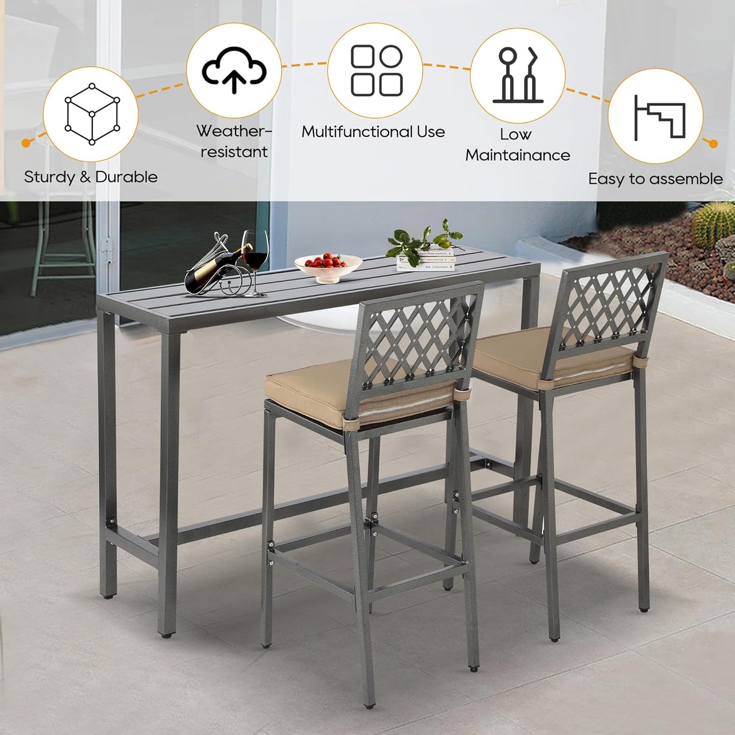 3-Piece Outdoor Patio Bar Set, Bar Height Patio Dining Set, Weather-Resistant Bistro Counter Pub Set with Cushions & Slatted Tabletop for Backyard, Garden, Yard