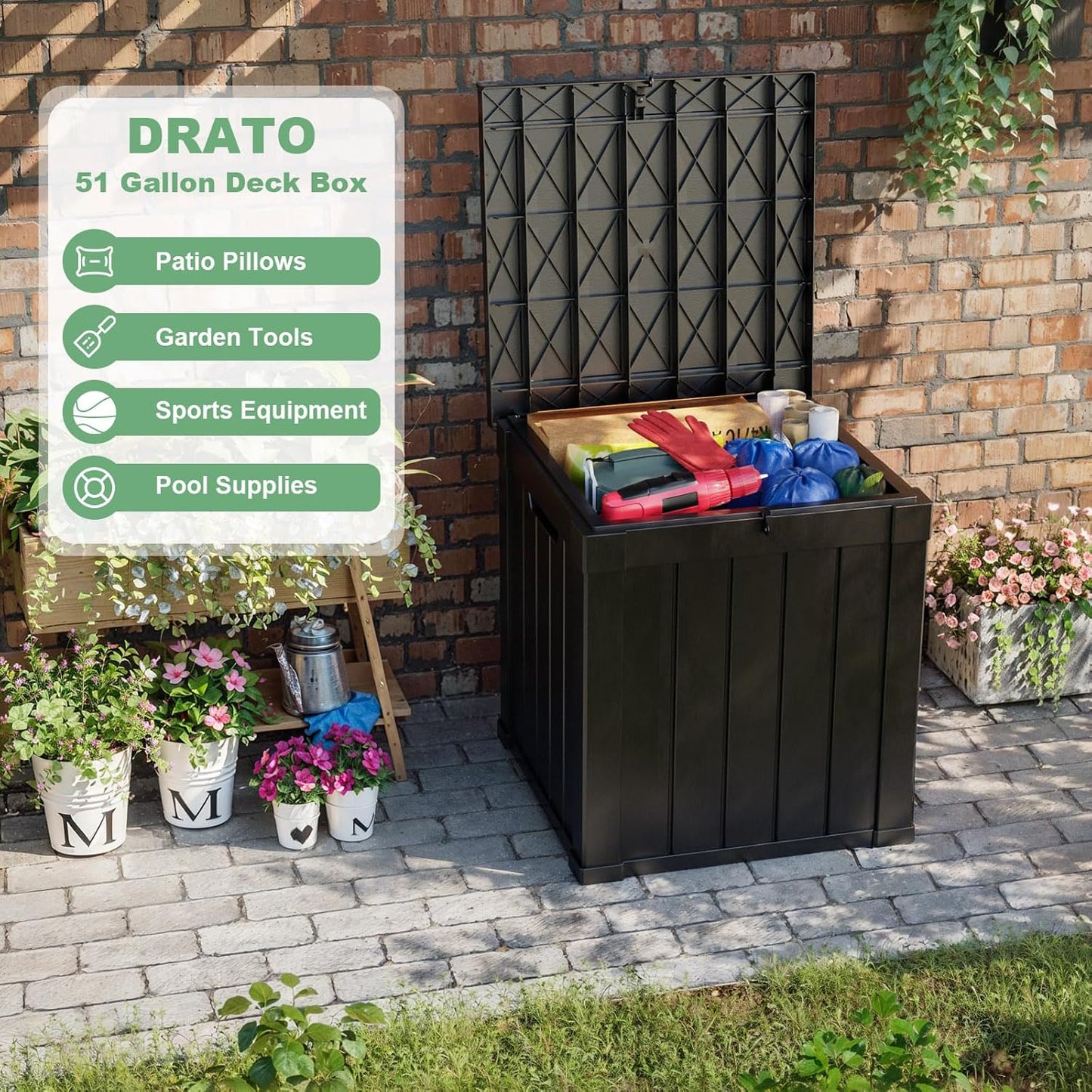 DRATO 50 Gallon Deck Box, Outdoor Storage Box for Patio Cushion, Sports Equipment, Garden Tools,Waterproof Patio Storage box, Lockable (Black)