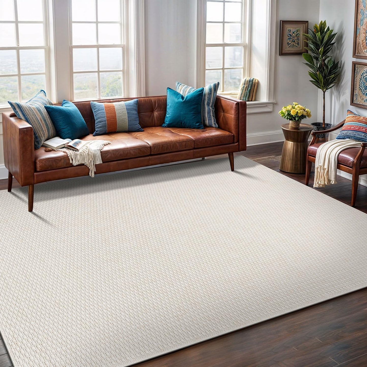 Easy Jute Rug 6x9 Indoor Outdoor Natural Rugs Solid Fiber Rug Woven Area Rug Boho Easy Clean Inside Carpet for Living Room Bedroom Dining Room Hallway or Outdoor Patio Porch (6 X 9 Bone)