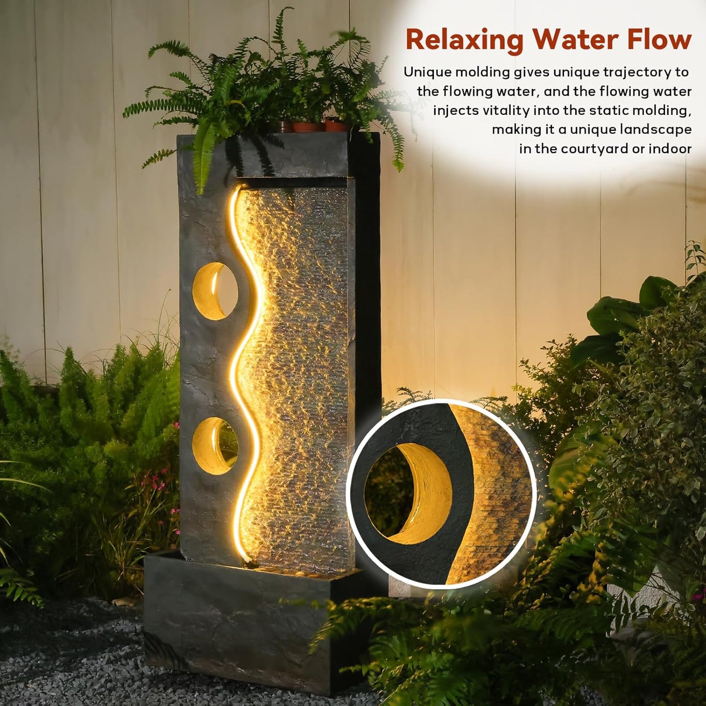 46.8" H Water Fountain Outdoor Water Fall Fountains Indoor Waterfall Modern Fountain with LED Lights Floor-Standing for Outside Garden, Patio, Backyard, Deck, Porch, Landscaping, Balconies